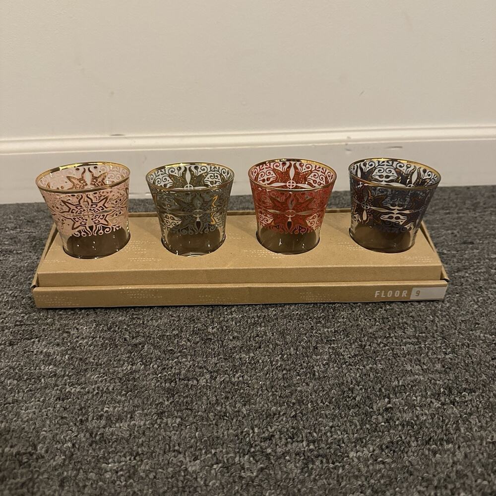 BOHO Moroccan Style Tea Juice Glasses Gold Rimmed 6 oz. Orange Yellow Red Blue